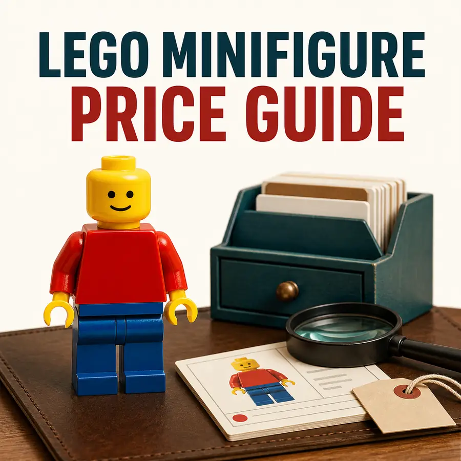Collector comparing a Lego minifigure with a catalog card and magnifying glass