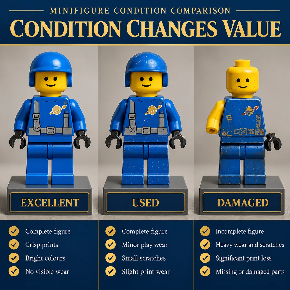Three generic minifigures showing complete, used and damaged condition for an identification and value check