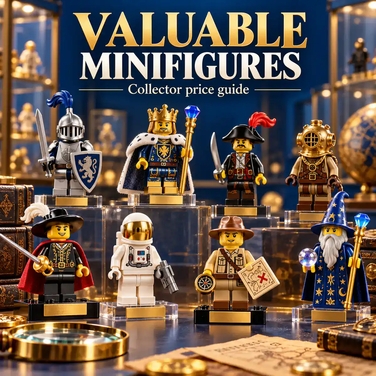 Editorial illustration of generic collectible minifigures arranged on a collector’s desk